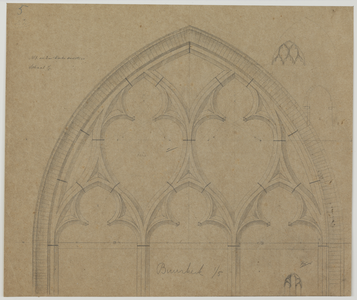 214574 Interieur van de Buurkerk te Utrecht: opstand van het ontwerp voor de tracering in het vierde nieuwe venster aan ...
